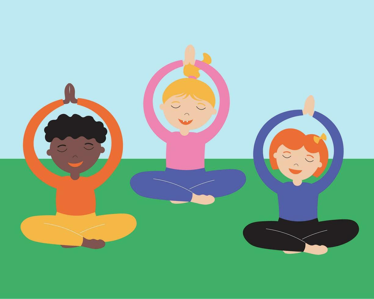 Kids yoga hand drawn vector illustration. Children in the lotus position are engaged in exercises, breathing practices, exercises, in fresh air. Sports and recreation at school, preschool development