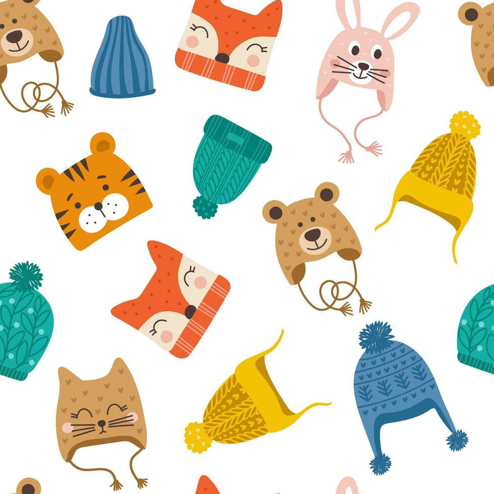 Seamless pattern with cute vector winter hats for boys and girls in cold weather. Clothes for winter and autumn. Vector illustration.