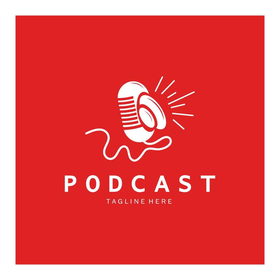 podcast logo with microphone and earphone audio, radio waves. for studio, talk show, chat, information sharing, interview, multimedia and web. vector