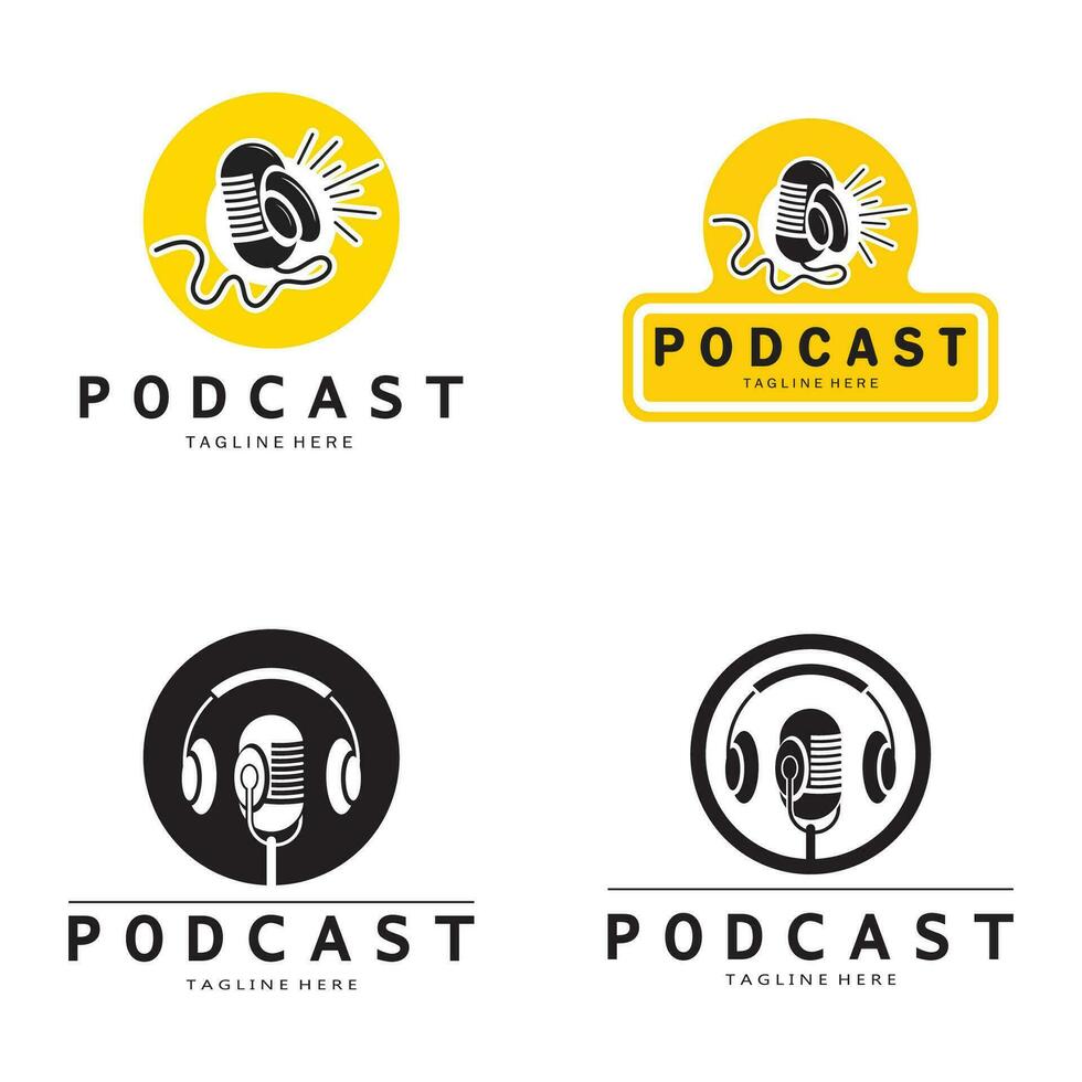 podcast logo with microphone and earphone audio, radio waves. for studio, talk show, chat, information sharing, interview, multimedia and web. vector