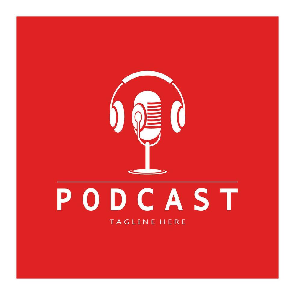 podcast logo with microphone and earphone audio, radio waves. for studio, talk show, chat, information sharing, interview, multimedia and web. vector