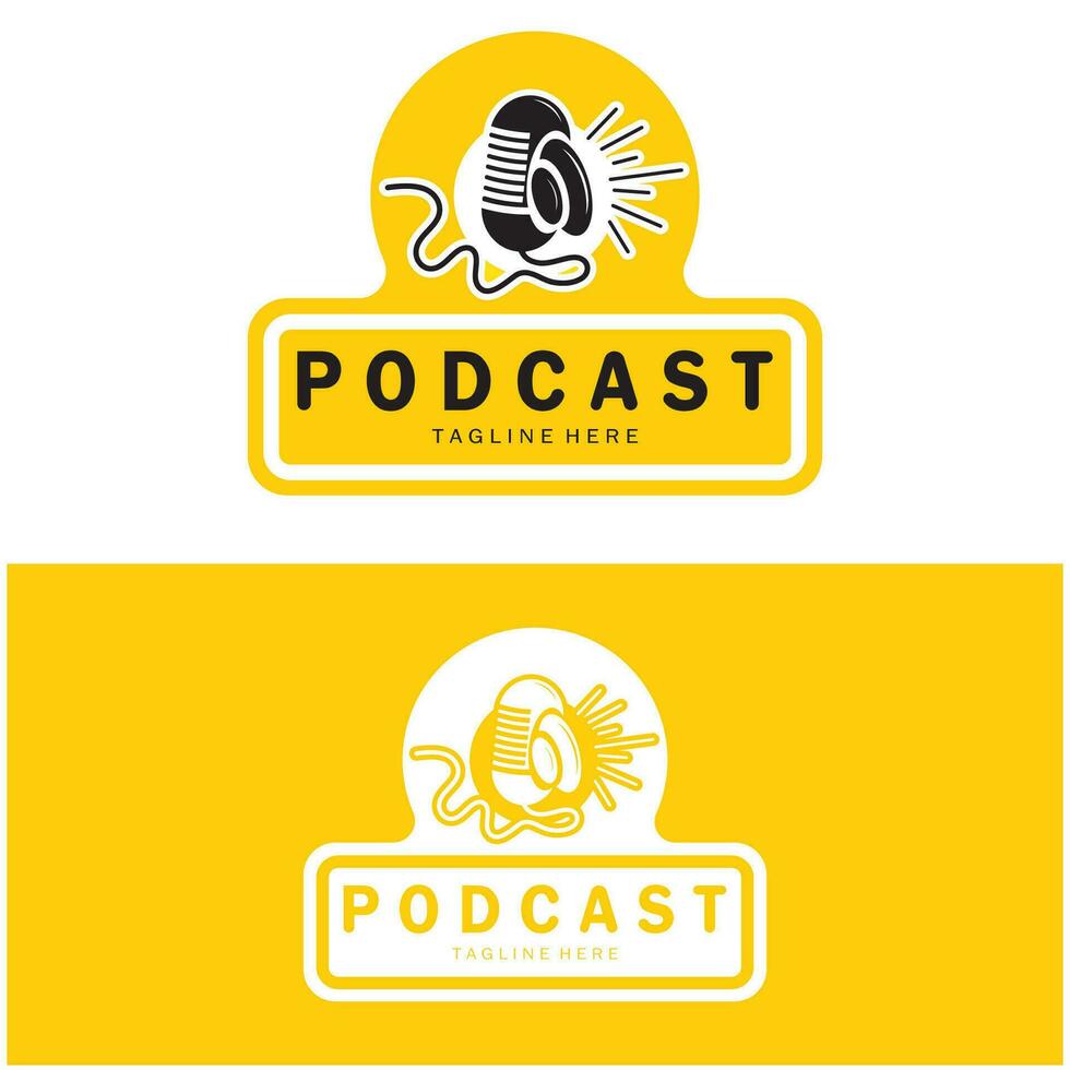 podcast logo with microphone and earphone audio, radio waves. for studio, talk show, chat, information sharing, interview, multimedia and web. vector