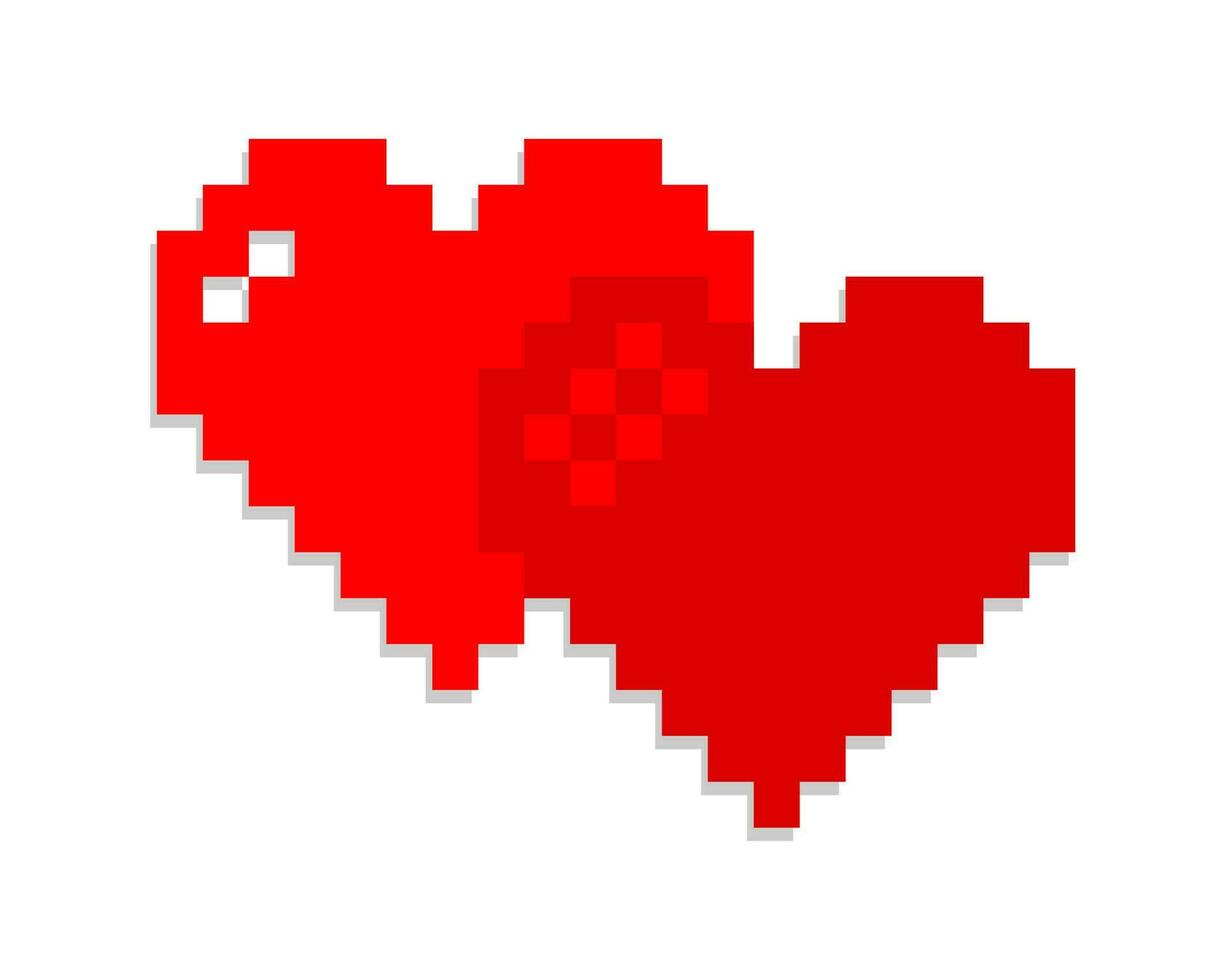 Two linked red heart in pixel design. Two pixelated heart connected. vector