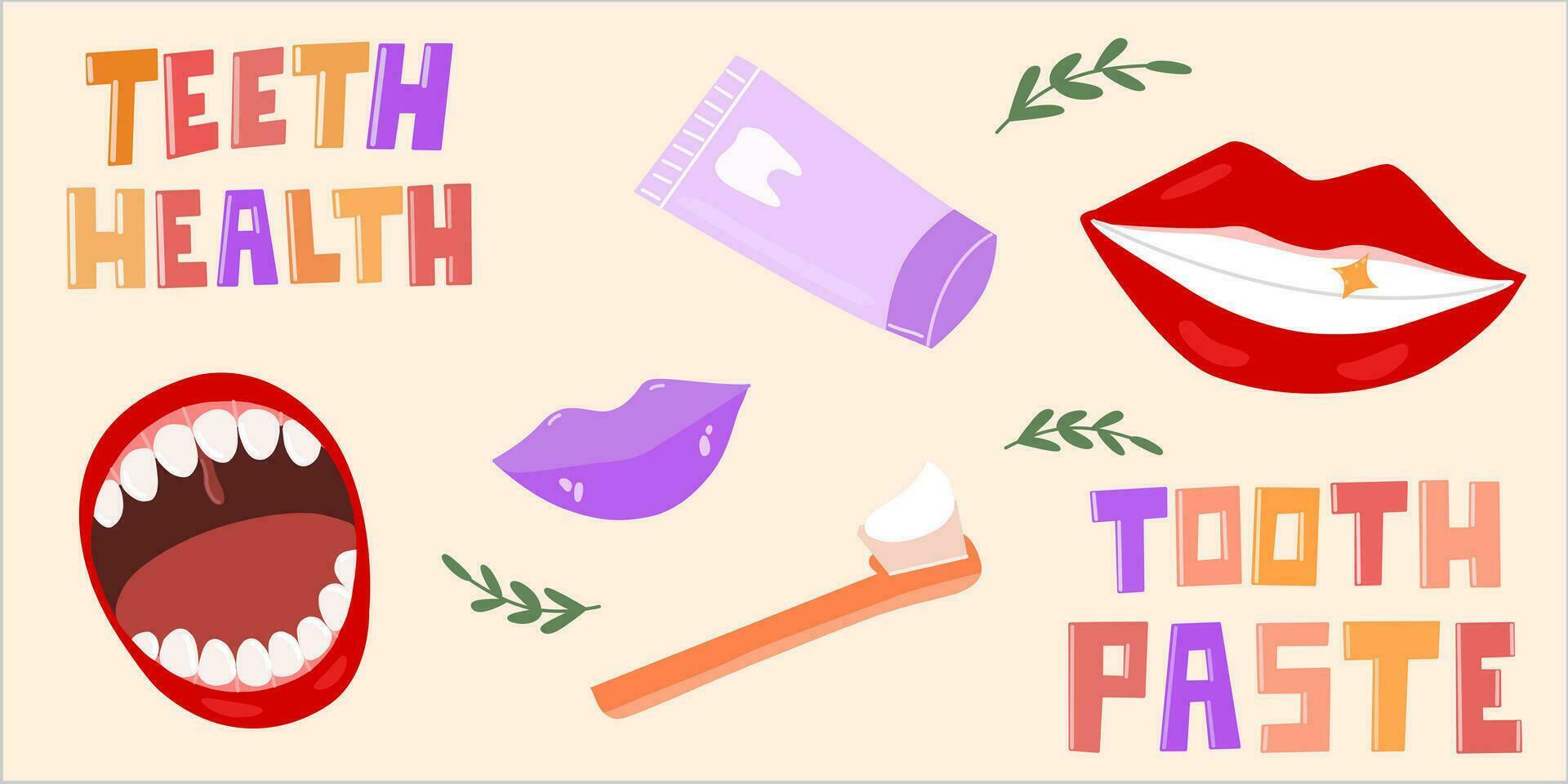 conjunto de pegatinas higiene de dientes y boca, vector ilustración