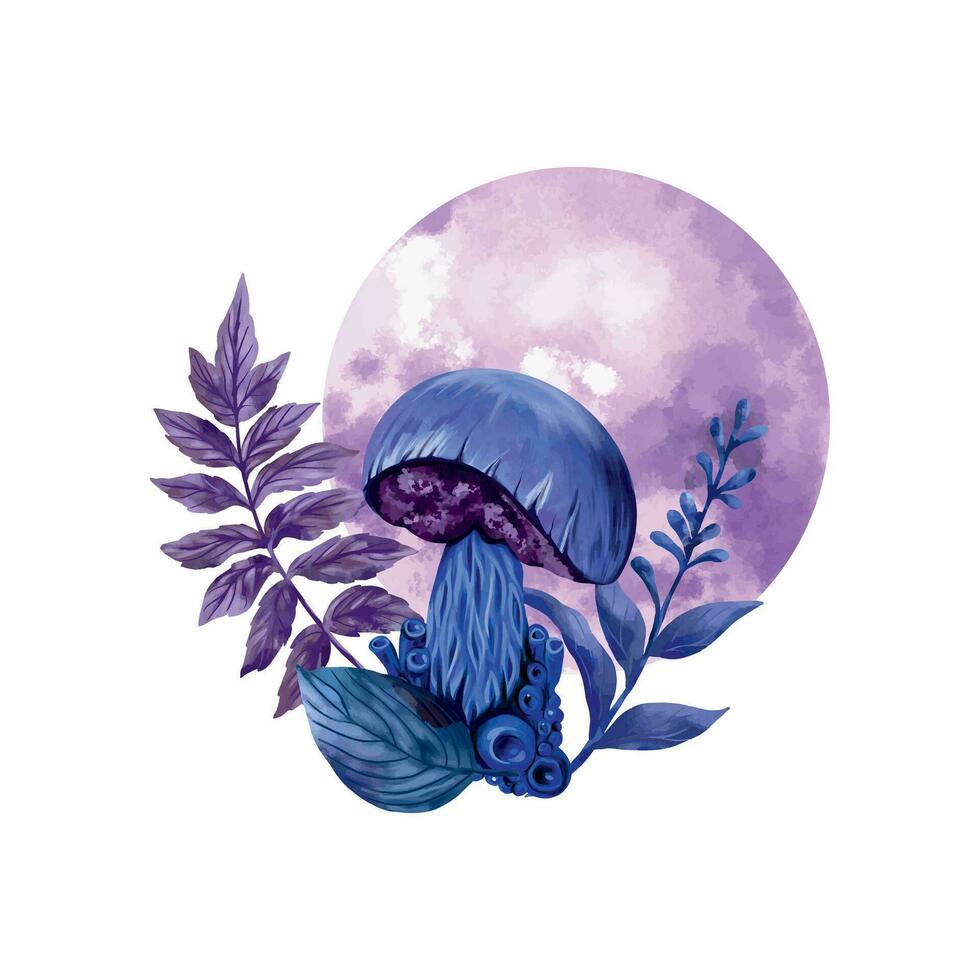 Blue mushroom and leaves on the background of the moon. Vector illustration on the theme of esotericism and halloween. Design element for greeting cards, invitations, covers, flyers.