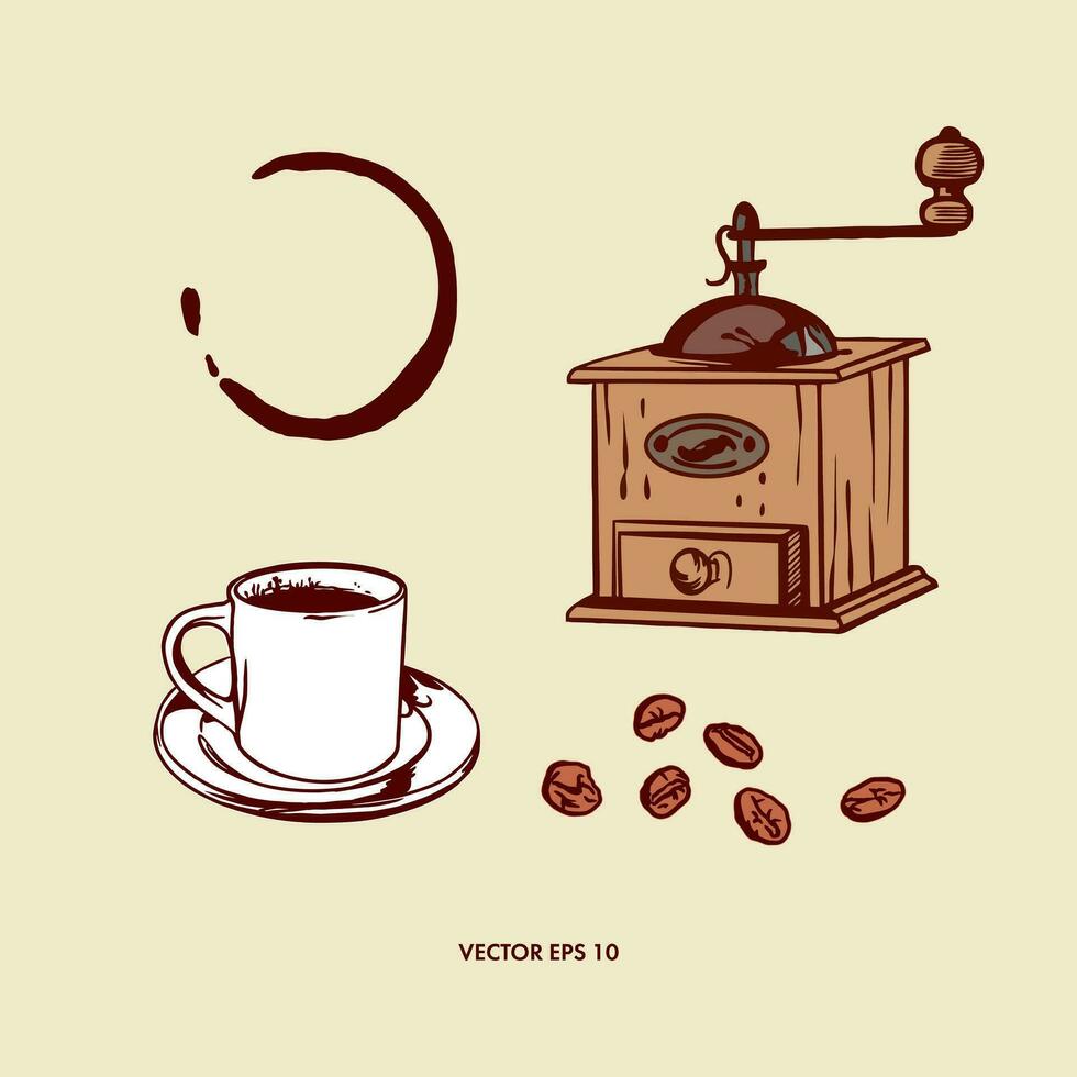 Traces from a cup of coffee, a cup of coffee, coffee beans and a coffee grinder. Vector illustration. Design element for cards, invitations, menus, labels, holiday banners for cafes.