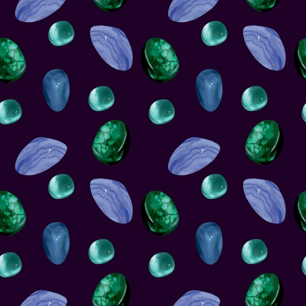 Esoteric stones on a black background. Vector seamless pattern for halloween and esoteric. Design for postcards, covers, wrapping paper, textiles, wallpapers.