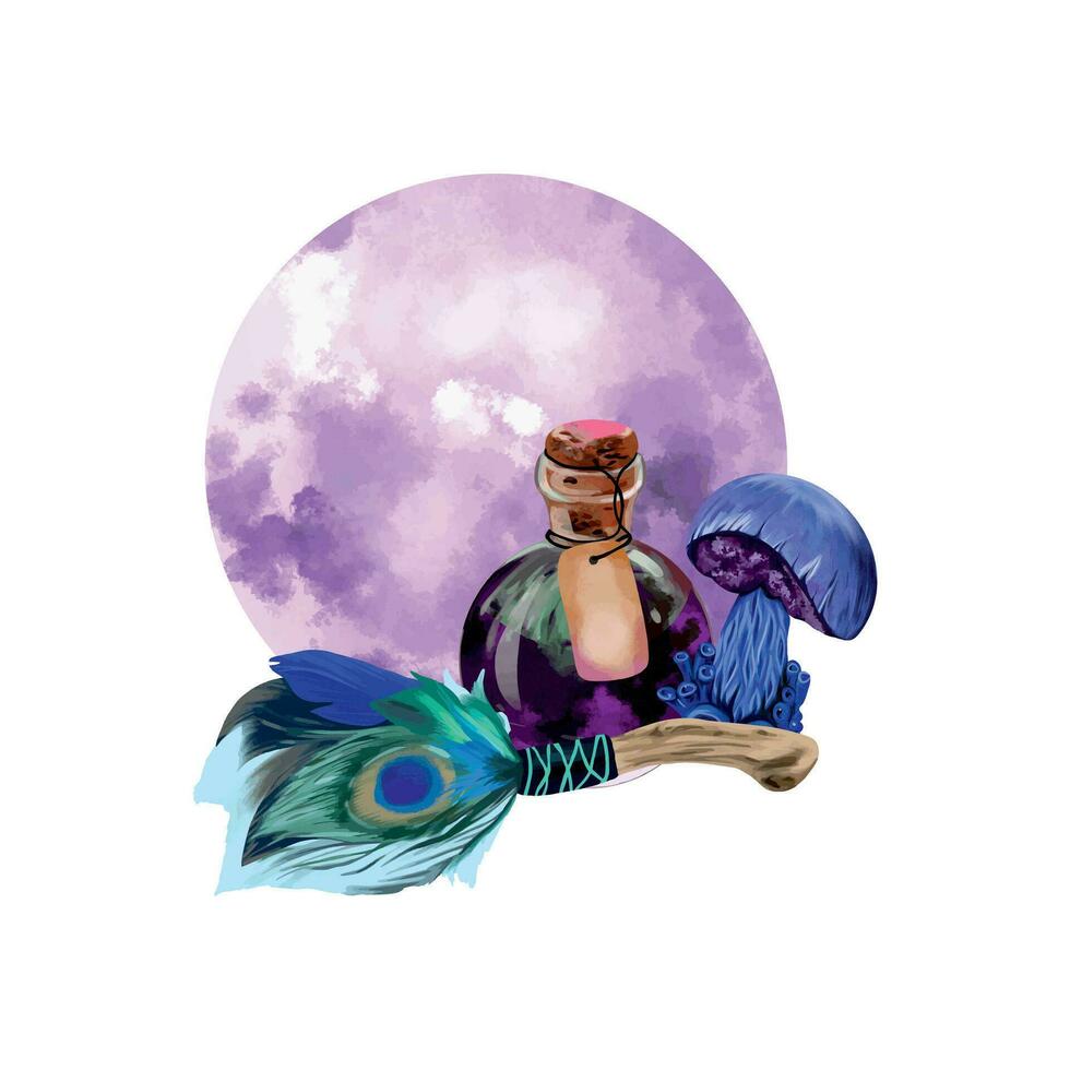 Potion bottle, mushroom, peacock feather and moon. Vector illustration on the theme of esotericism and halloween. Design element for themed banners, cards, invitations, covers, flyers.