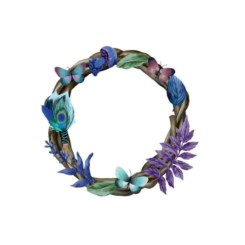Wreath of twigs, decorated with plants, butterflies, peacock feather. Vector esoteric illustration. Design element for greeting cards, banners, flyers, invitations.