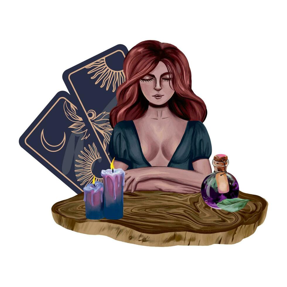 Red-haired witch at a wooden table, candles, a bottle of potion, tarot cards. Vector esoteric illustration. Design element for greeting cards, covers, banners, flyers, invitations.