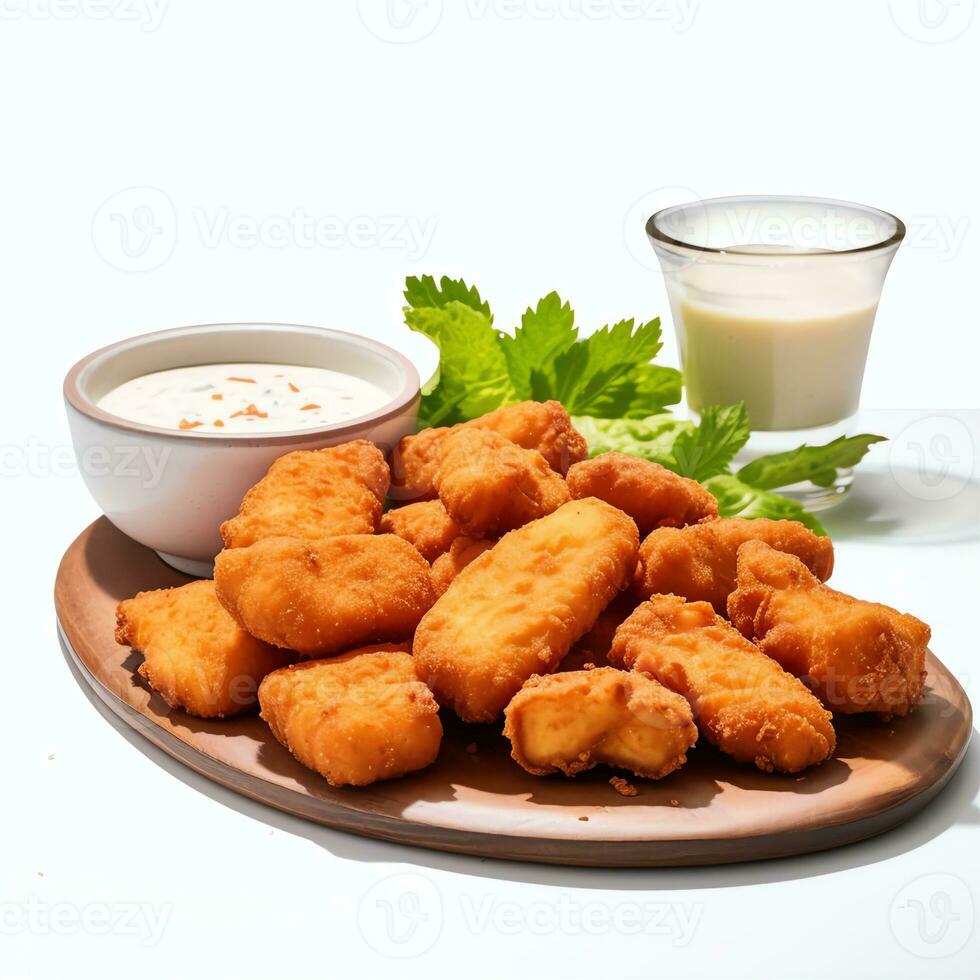 Frozen chicken nuggets on white background photo