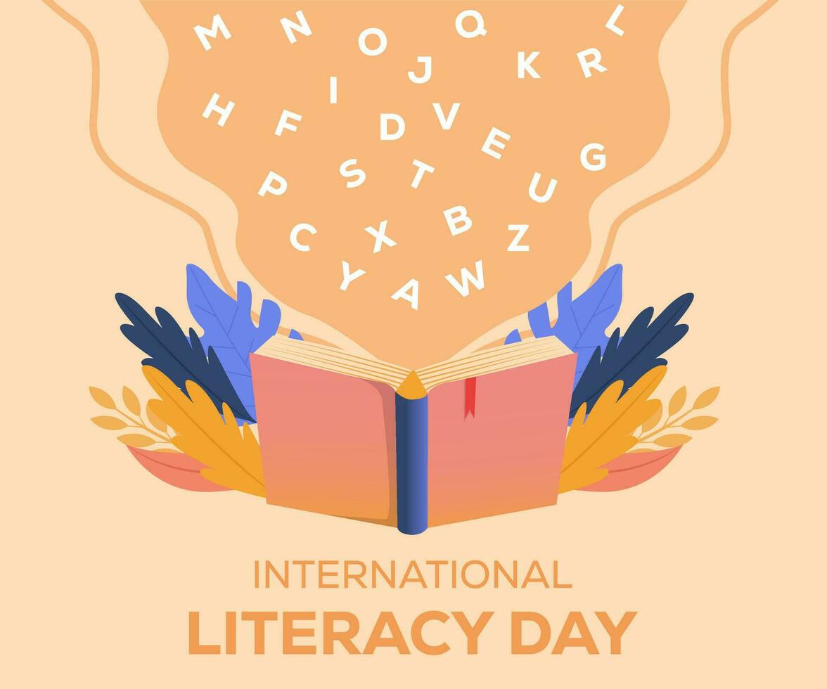 literacy day illustration design concept with leaves and alphabet go out from book vector