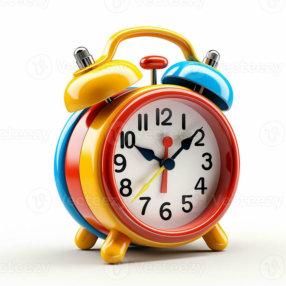 alarm clock, bright illustration of a realistic colored alarm clock on a white background. generated AI photo