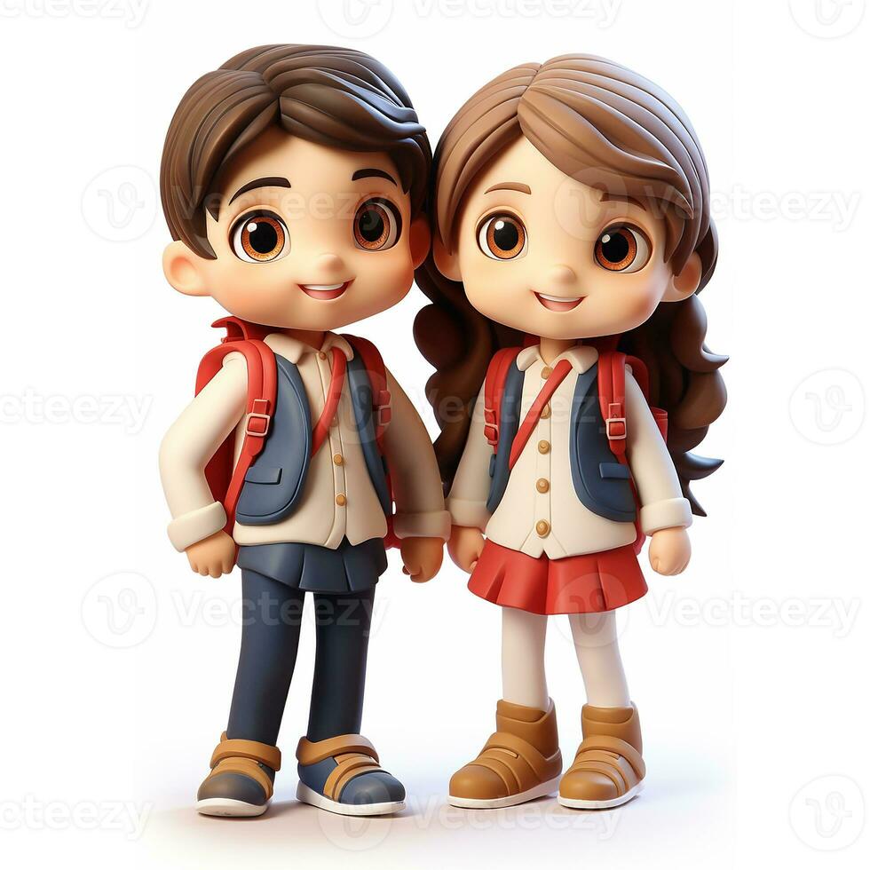 3d illustration of a smiling girl and boy schoolchildren, with a school backpack. Topic back to school. AI generated photo