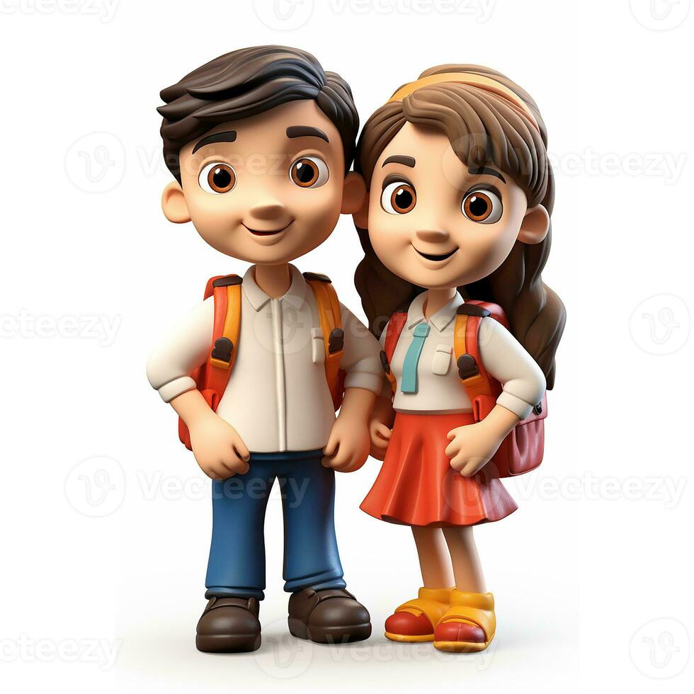 3d illustration of a smiling girl and boy schoolchildren, with a school backpack. Topic back to school. AI generated photo