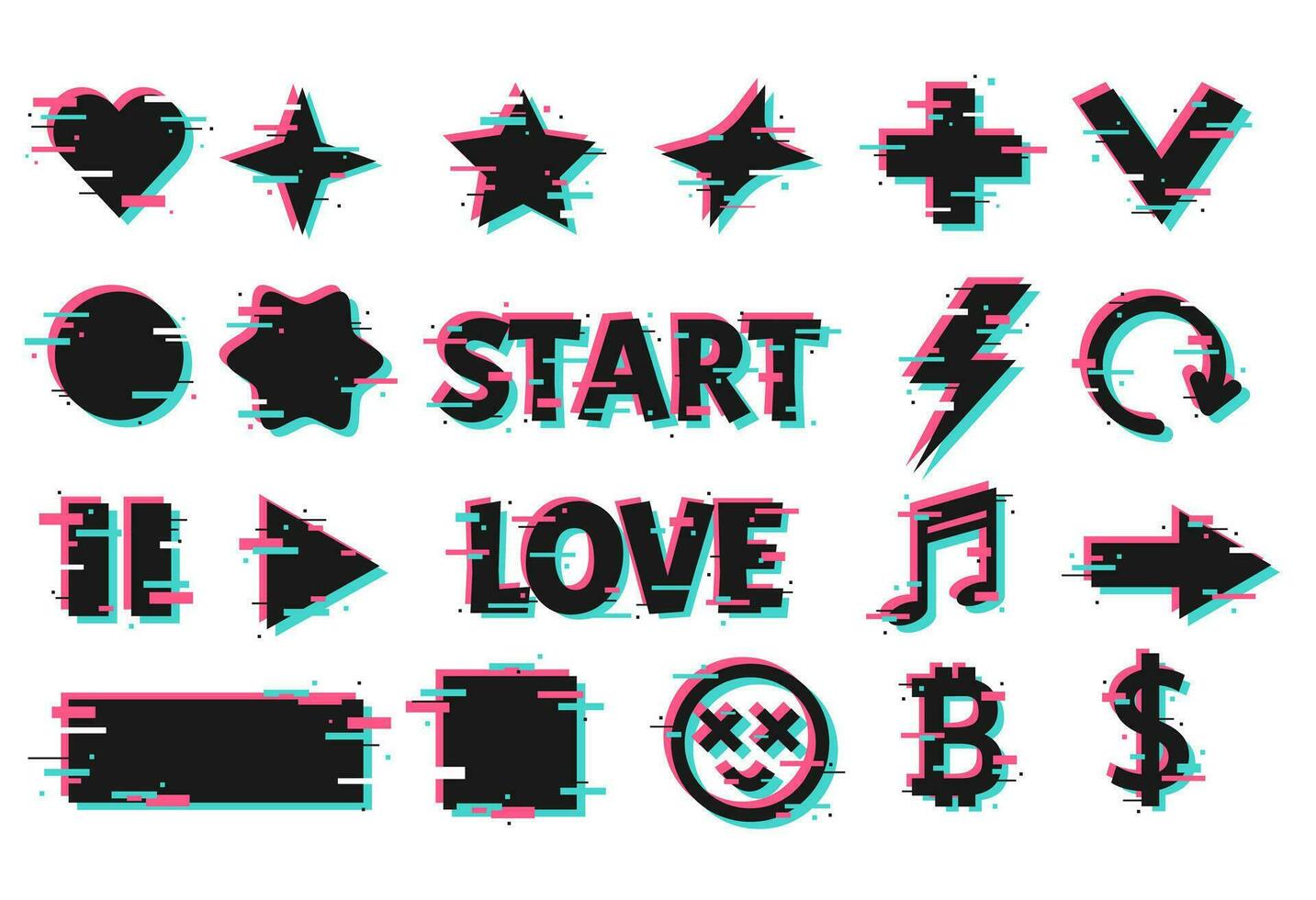 Glitch black icons set. Gemetric shape, star, heart. Vector signs collection on white background. Phrase love