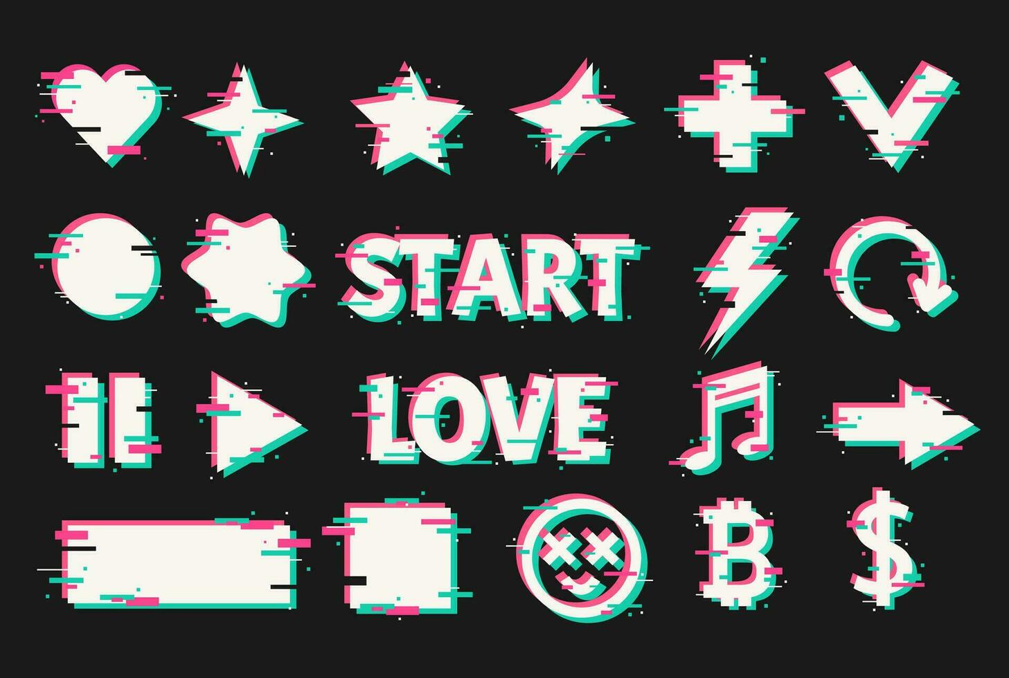 Glitch white icon. emetric shape, star, heart. Glitch design elements. Phrase love vector