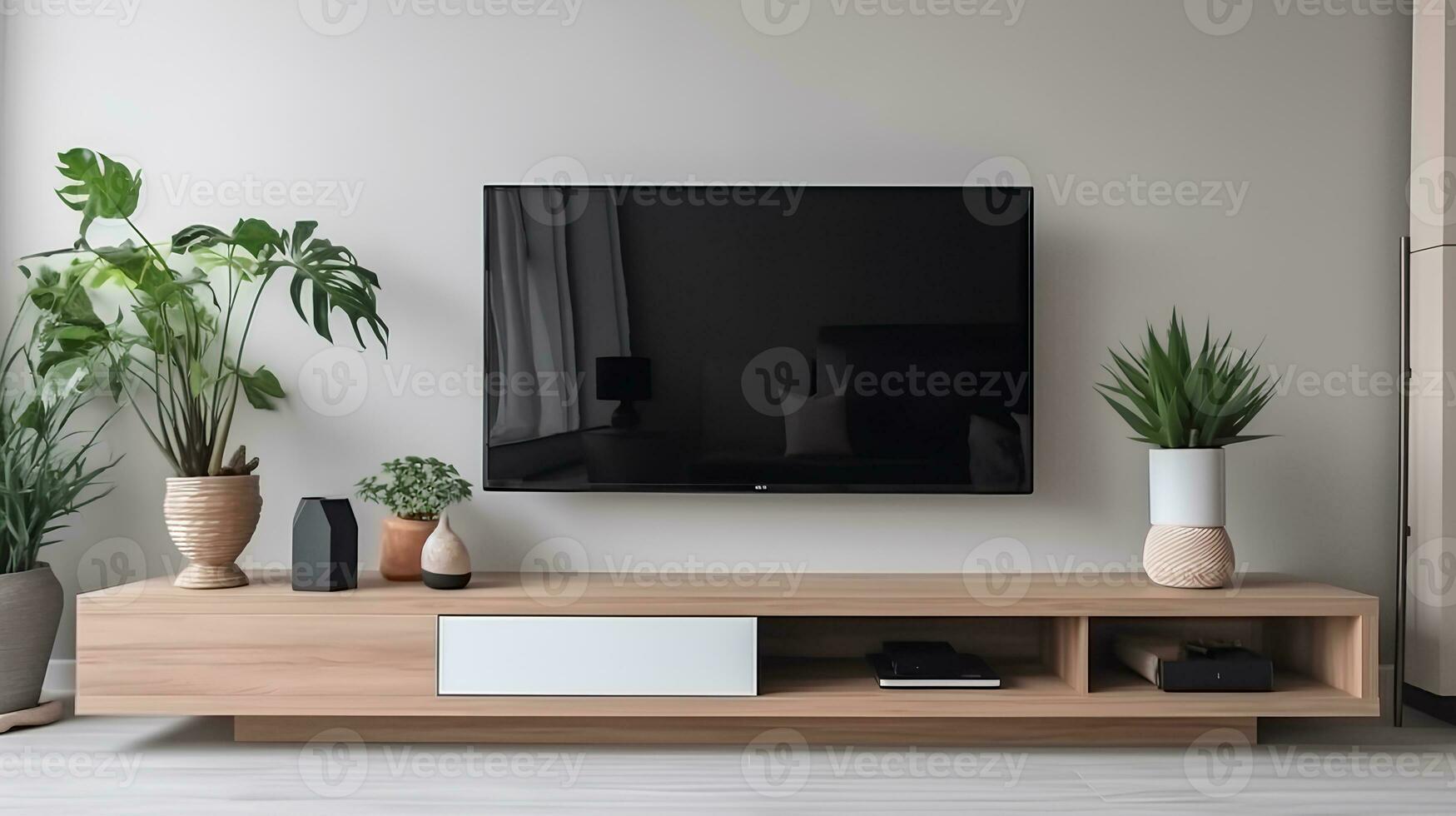 TV on the cabinet in modern living room with plant on white wall background photo