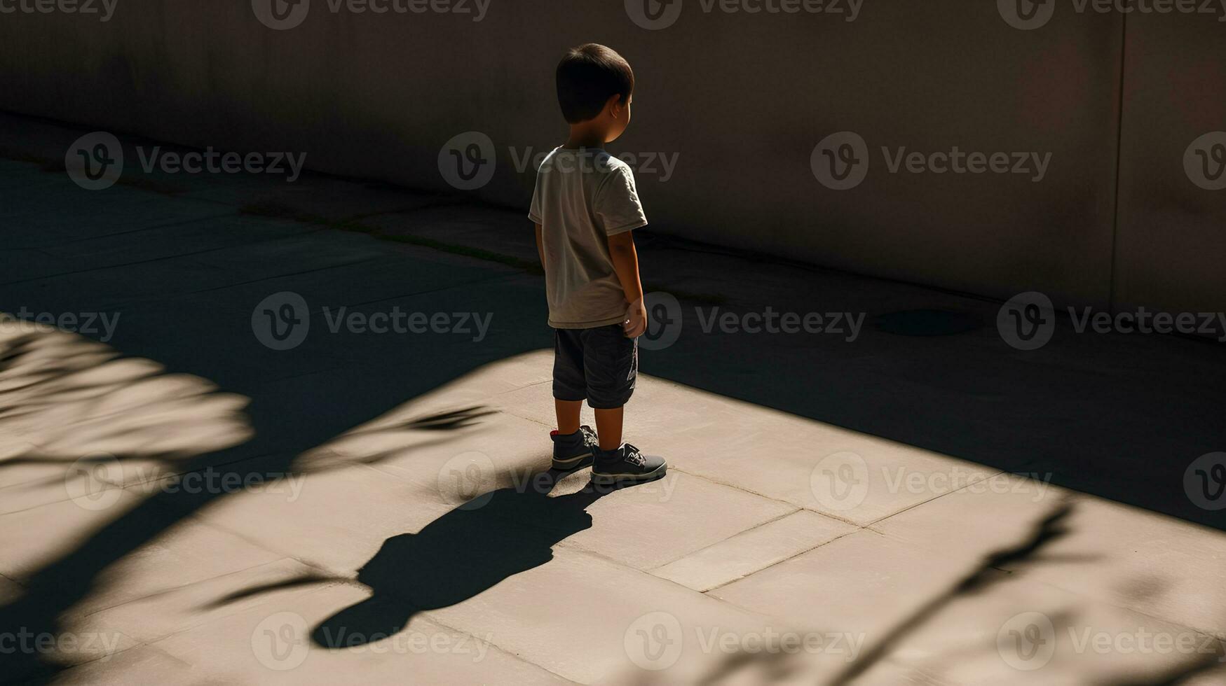 boy and his shadow. Lonely little child playing with his shadow outside. imaginary friend. the concept of autism and loneliness photo