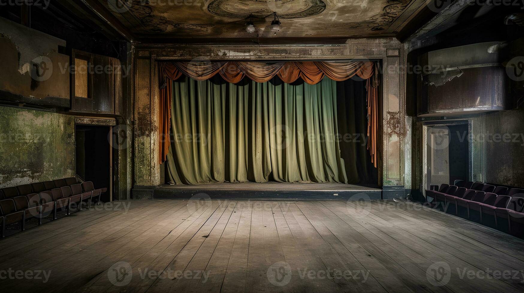 Empty, old, abandoned, 1920s theatre stage with curtains photo