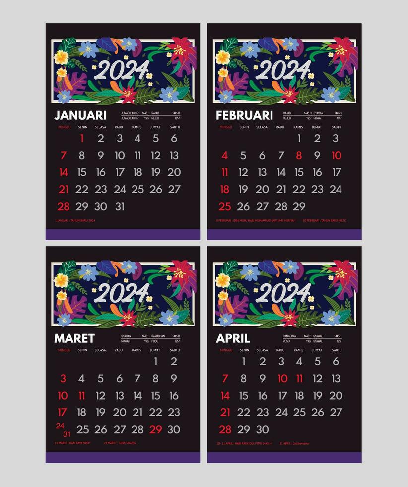 INDONESIAN CALENDAR WITH NATIONAL HALIDAY. KALENDER 2024 SET JANUARI-APRIL vector