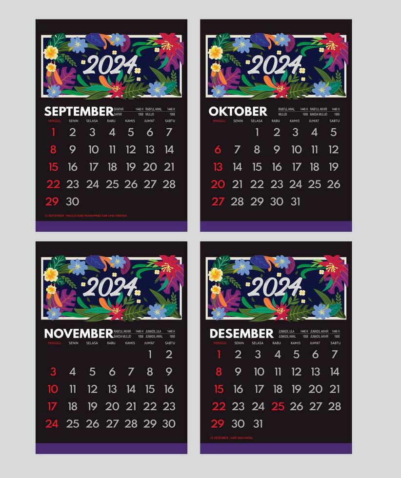 INDONESIAN CALENDAR SET WITH NATIONAL HOLIDAY. KALENDER 2024 SETSEPTEMBER-DESEMBER, LENGKAP HARI LIBUR NASIONAL vector