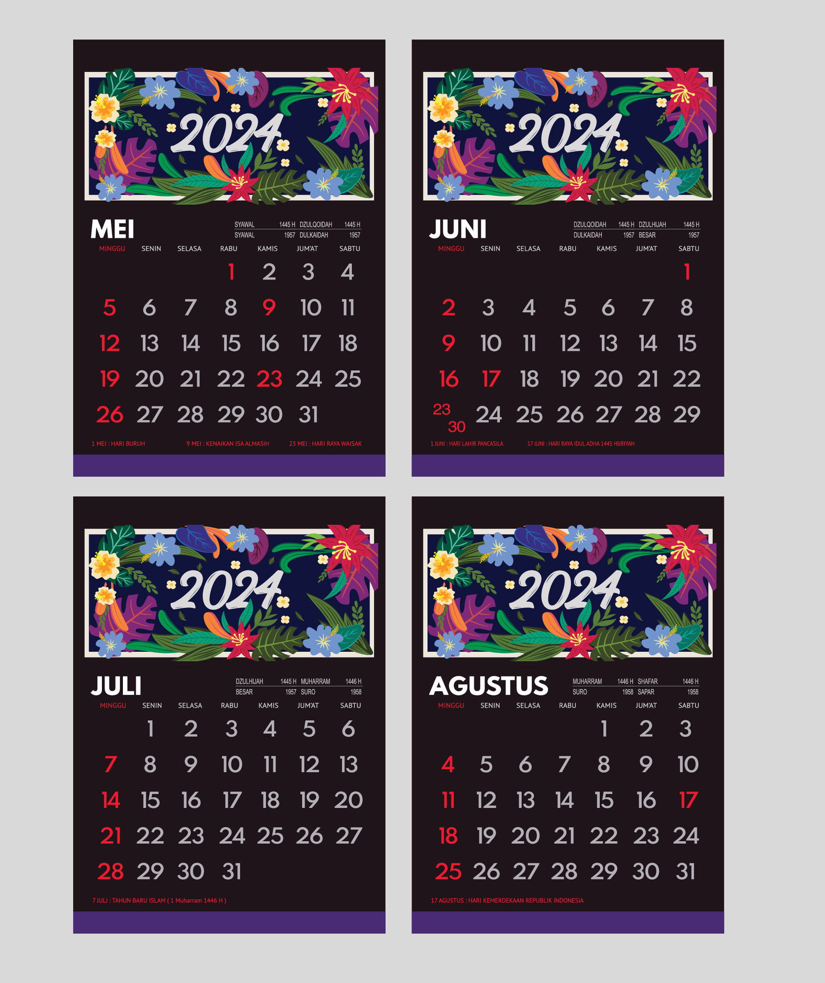INDONESIAN CALENDAR SET WITH NATIONAL HOLIDAY. KALENDER 2024 SET MEI