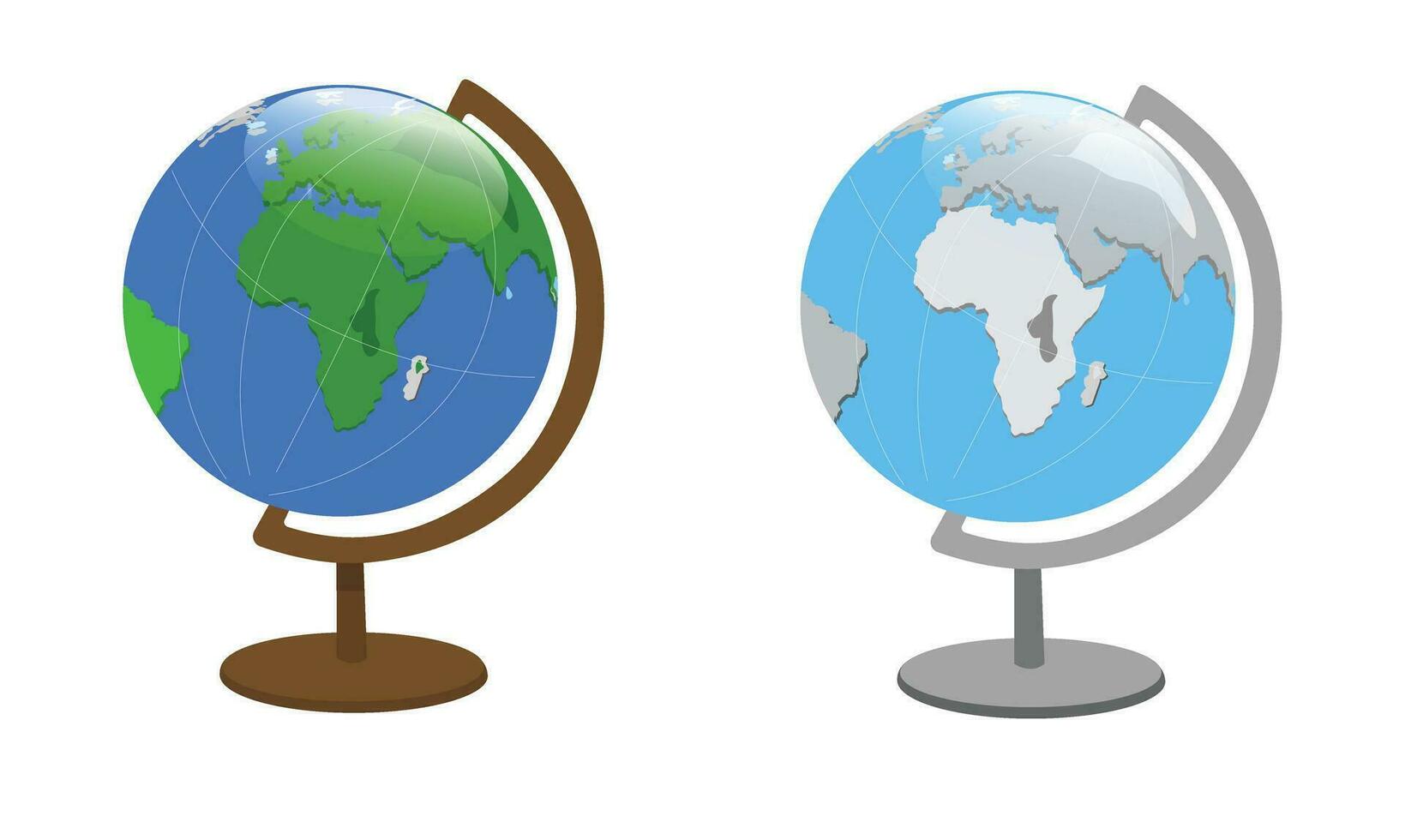 World globe with stand vector set. Globe of planet earth vector illustration for concept of kid learning or world travelling. Flat vector in cartoon style.