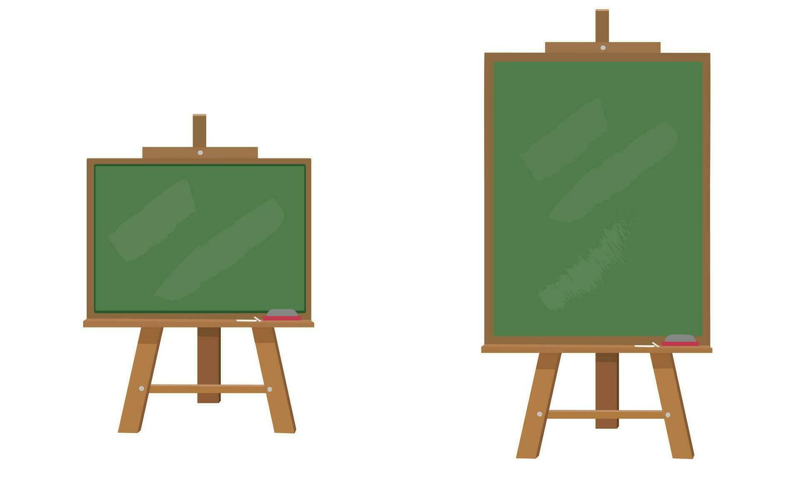 Chalkboard or blackboard with wooden easel stand vector illustration set.  Green board used in classroom or restaurant, cafe house. Back to school concept.