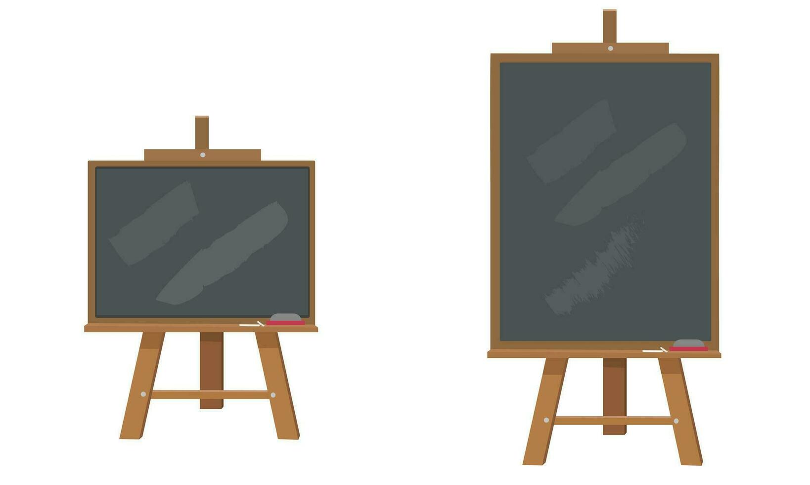Chalkboard or blackboard with wooden easel stand vector illustration set.  Black board used in classroom or restaurant, cafe house. Back to school concept.