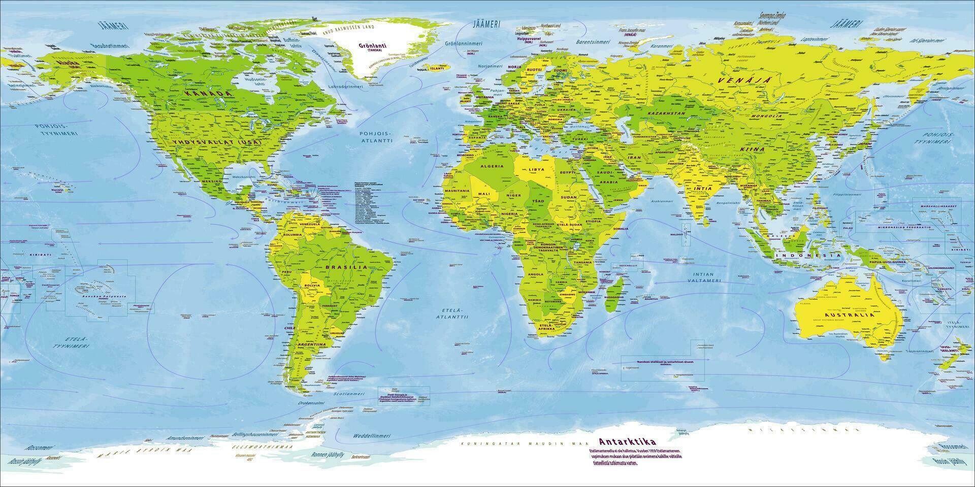 World Map Political Finnish Language Version Equirectangular projection vector