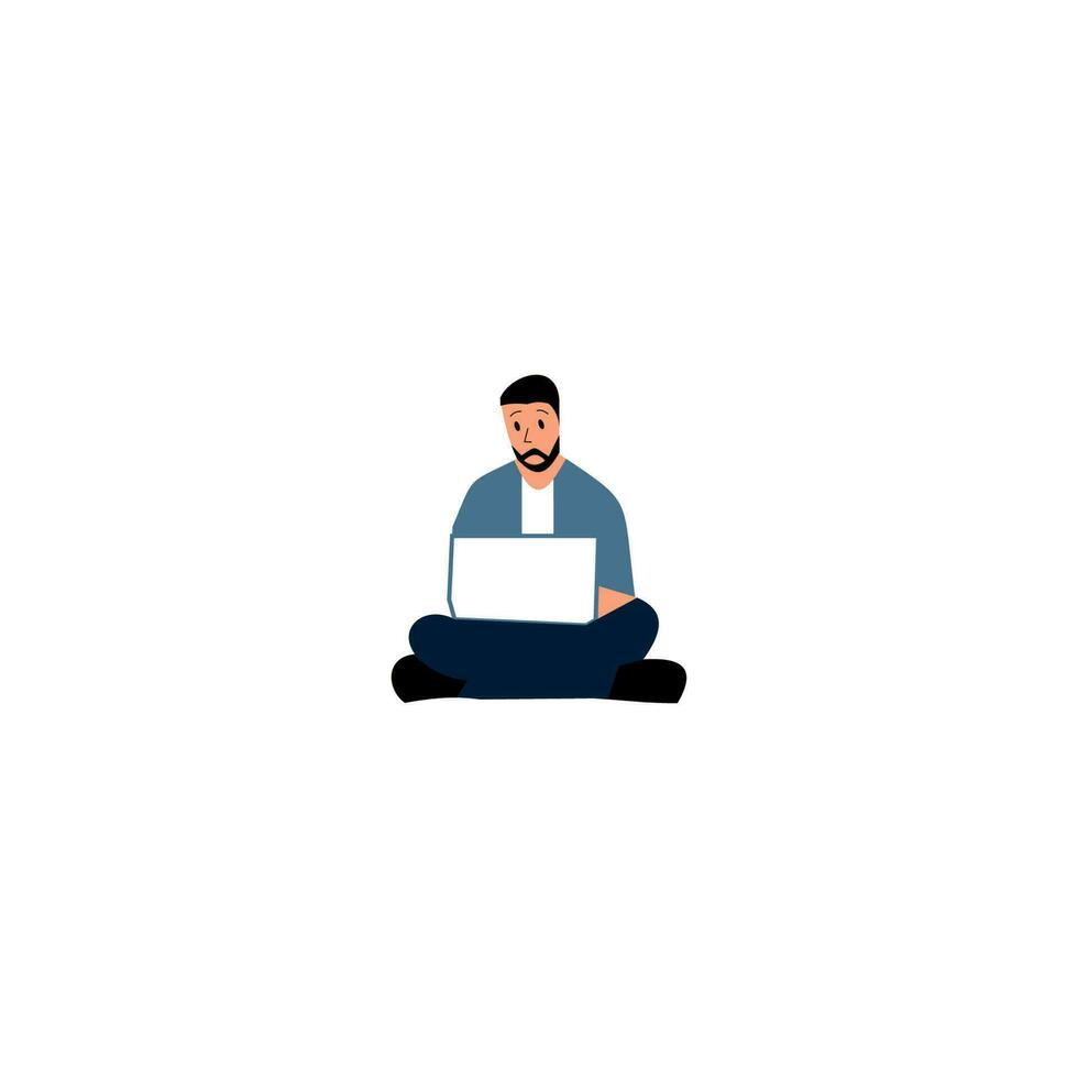man sitting on the floor and work with laptop illustration design vector