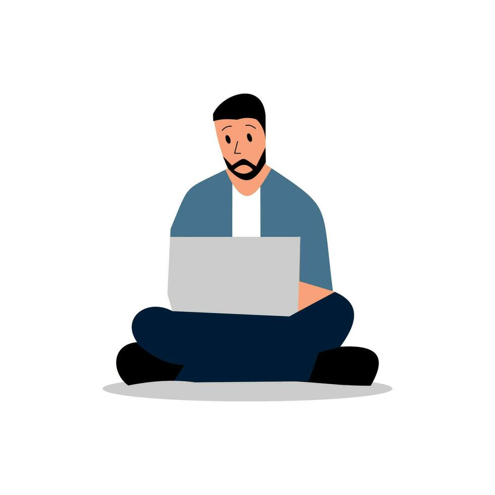 man sitting on the floor and work with laptop illustration design vector