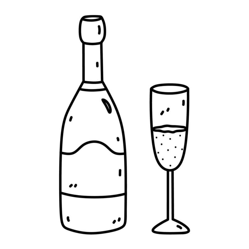 Bottle of champagne with a glass isolated on white background. Alcoholic beverage. Vector hand-drawn illustration in doodle style. Perfect for cards, menu, decorations, logo, various designs.