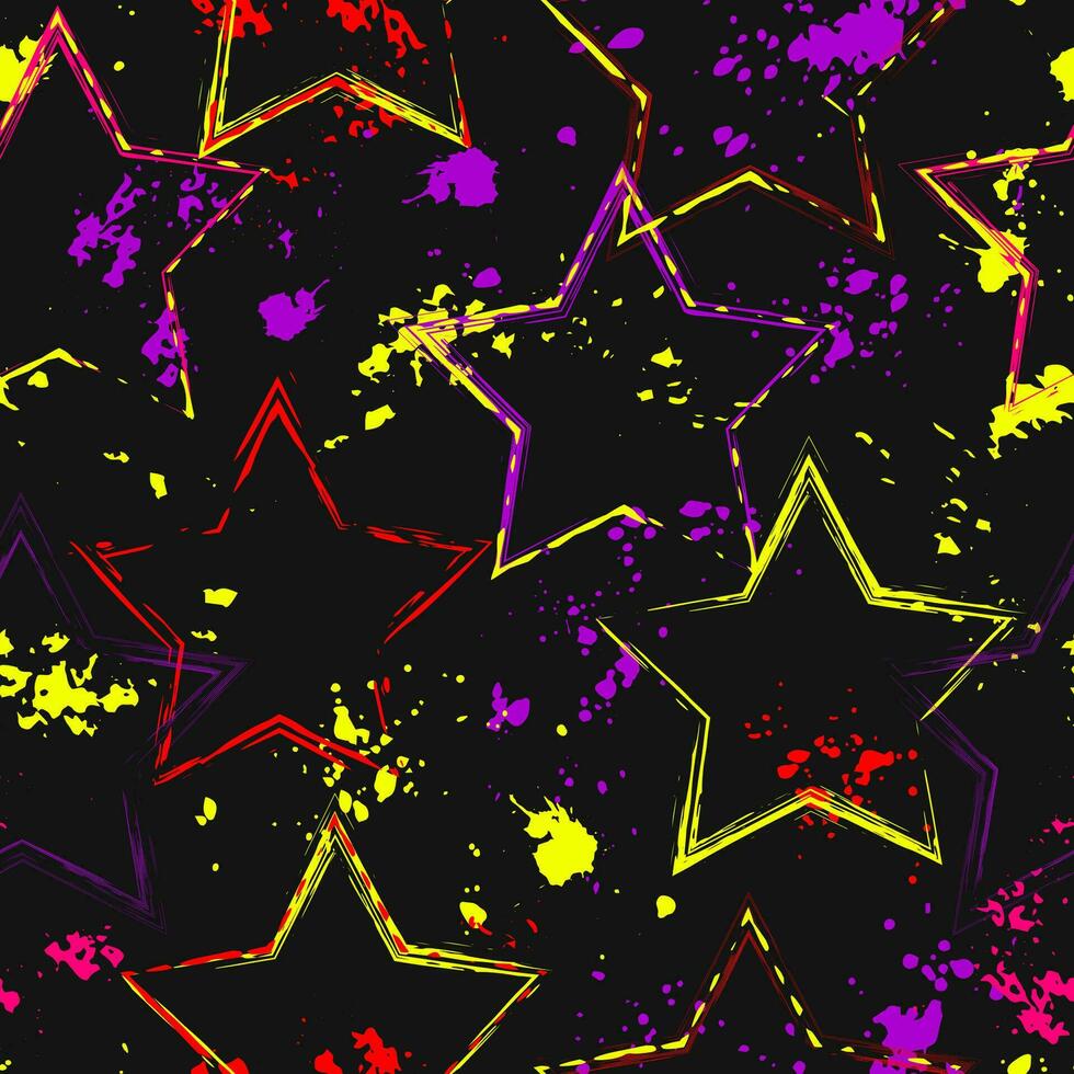 Pattern with stars, neon paint spatter vector