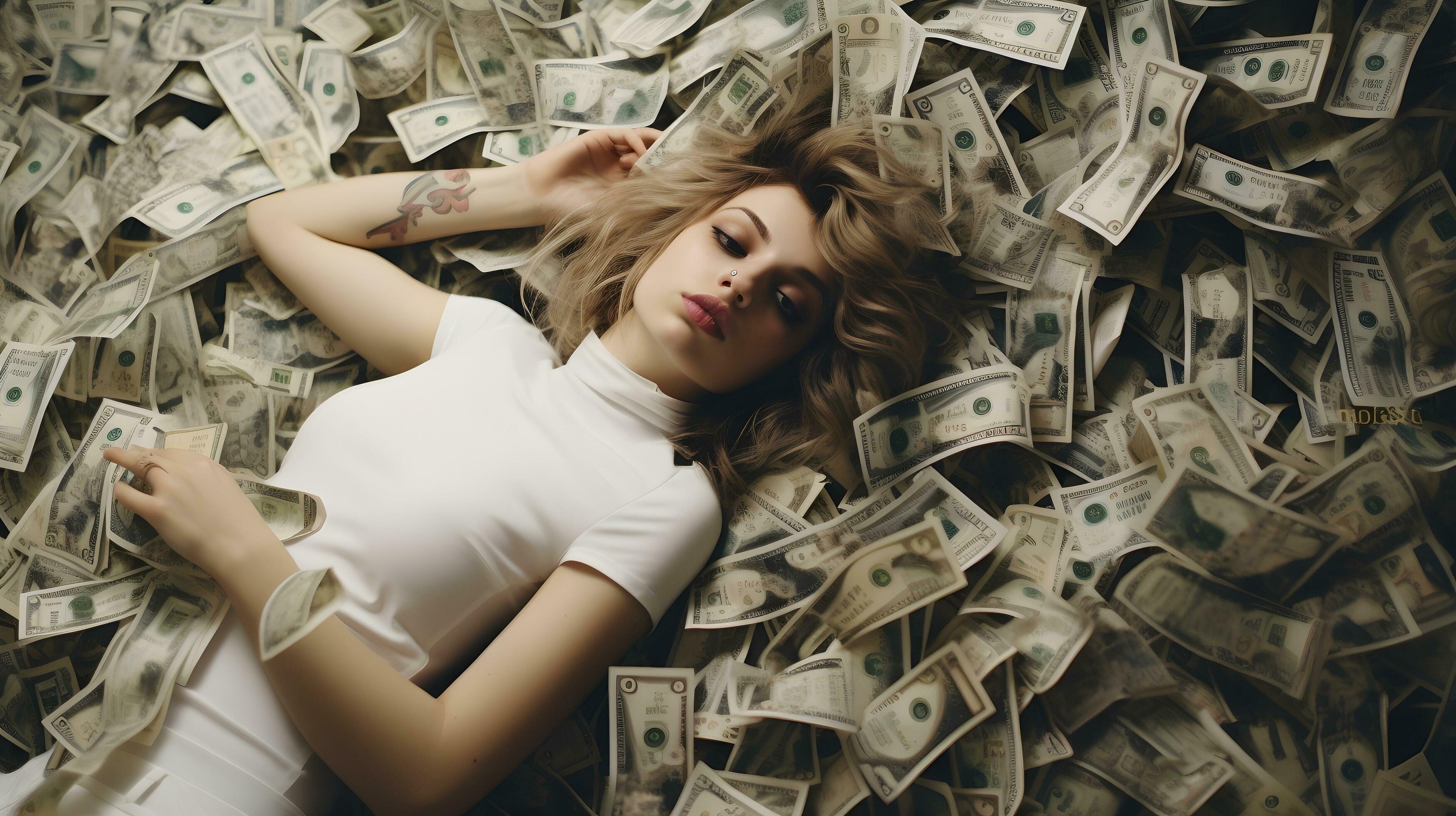 Woman laying in a large pile of dollar bills 27704763 Stock Photo