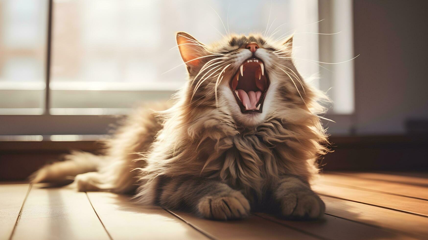 cat yawning near a window photo