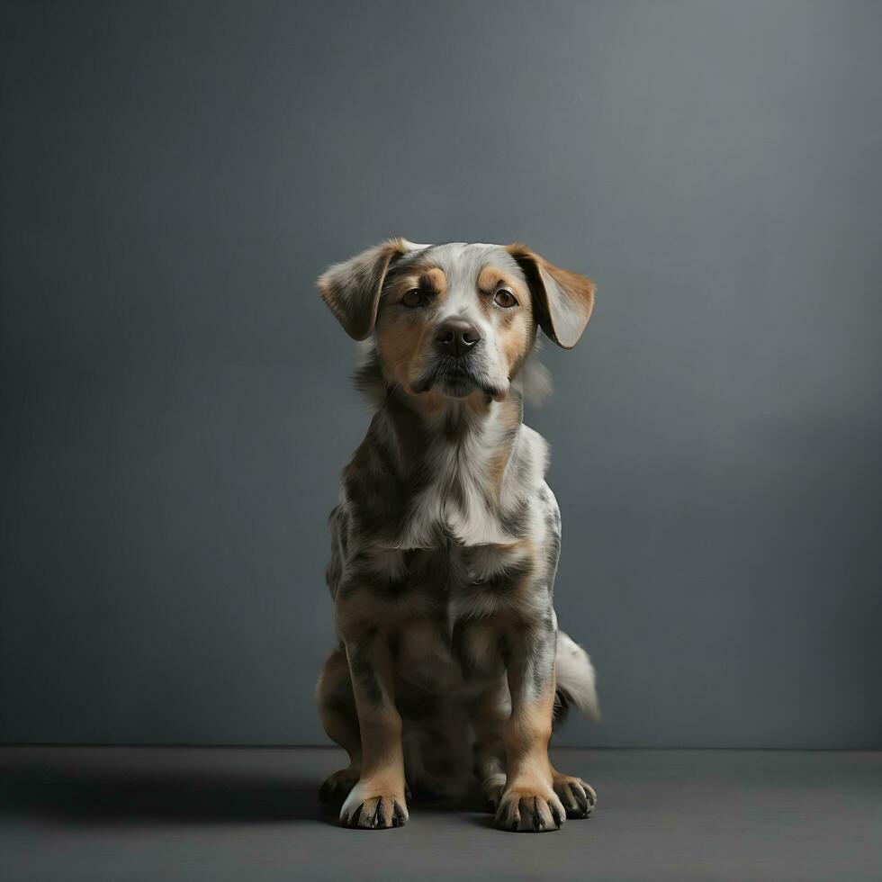 portrait cute of a dog and a cat looking at the camera in front of a white background photo