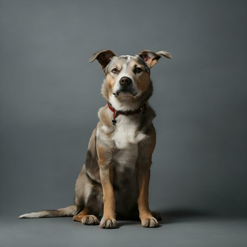 portrait cute of a dog and a cat looking at the camera in front of a white background photo