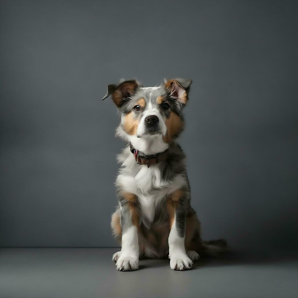 portrait cute of a dog and a cat looking at the camera in front of a white background photo