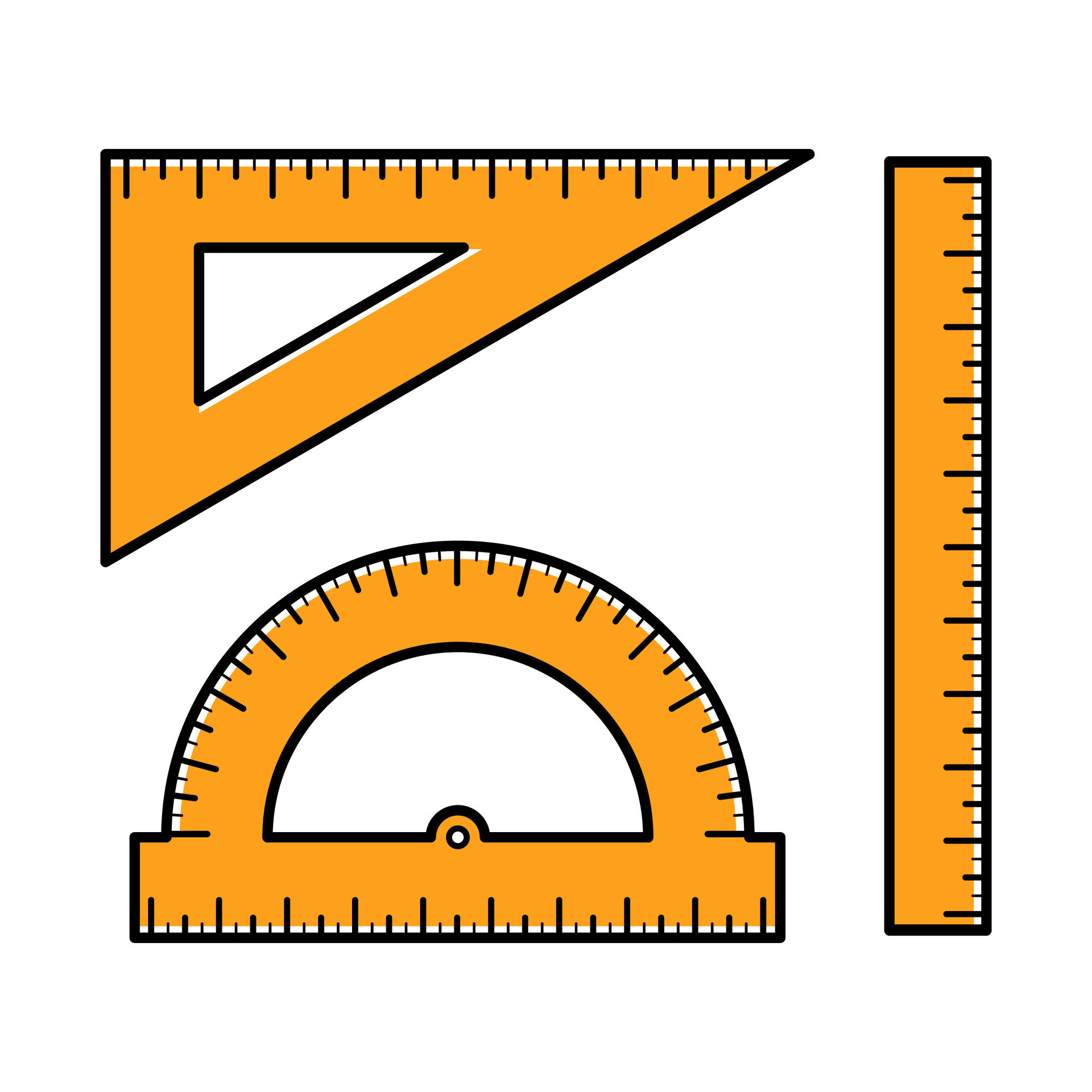 Set of stationery elements. Protractor, set square, ruler with scale. Back to school concept