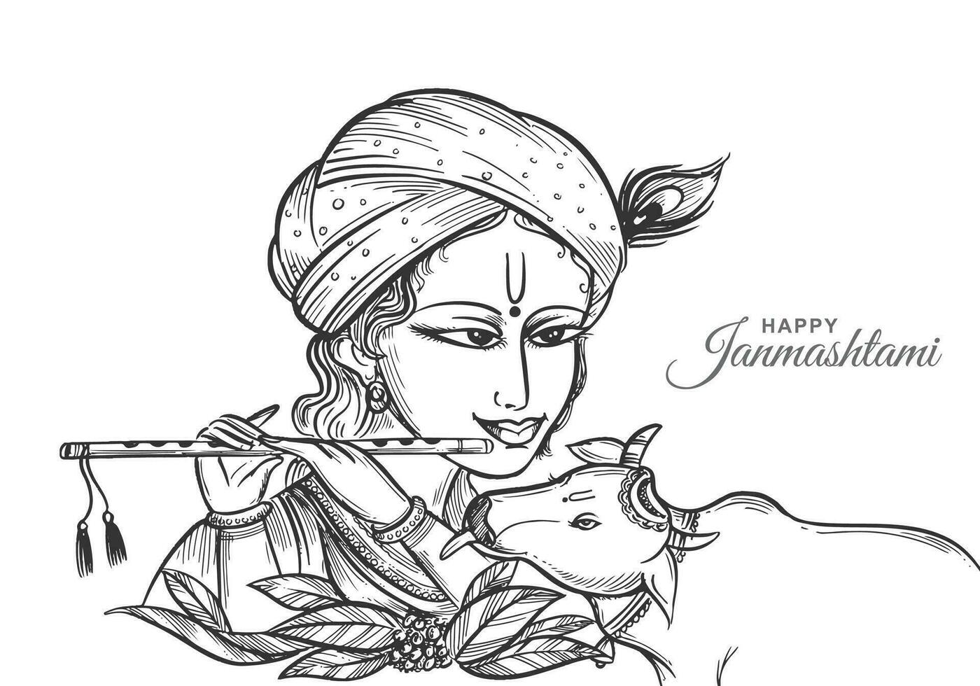 Happy janmashtami greetings with lord krishna sketch card design vector