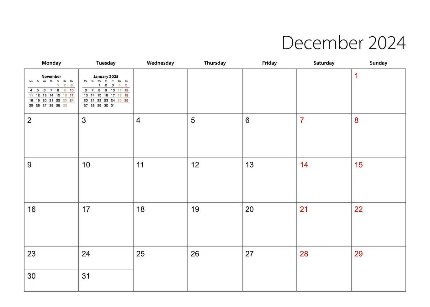 diciembre 2024 sencillo calendario planificador, semana empieza desde lunes. vector