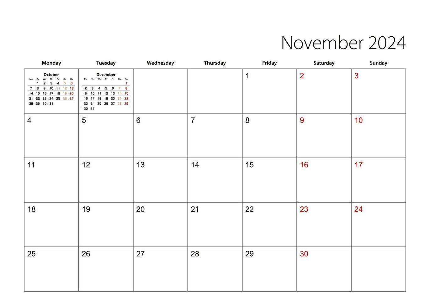 November 2024 simple calendar planner, week starts from Monday. vector