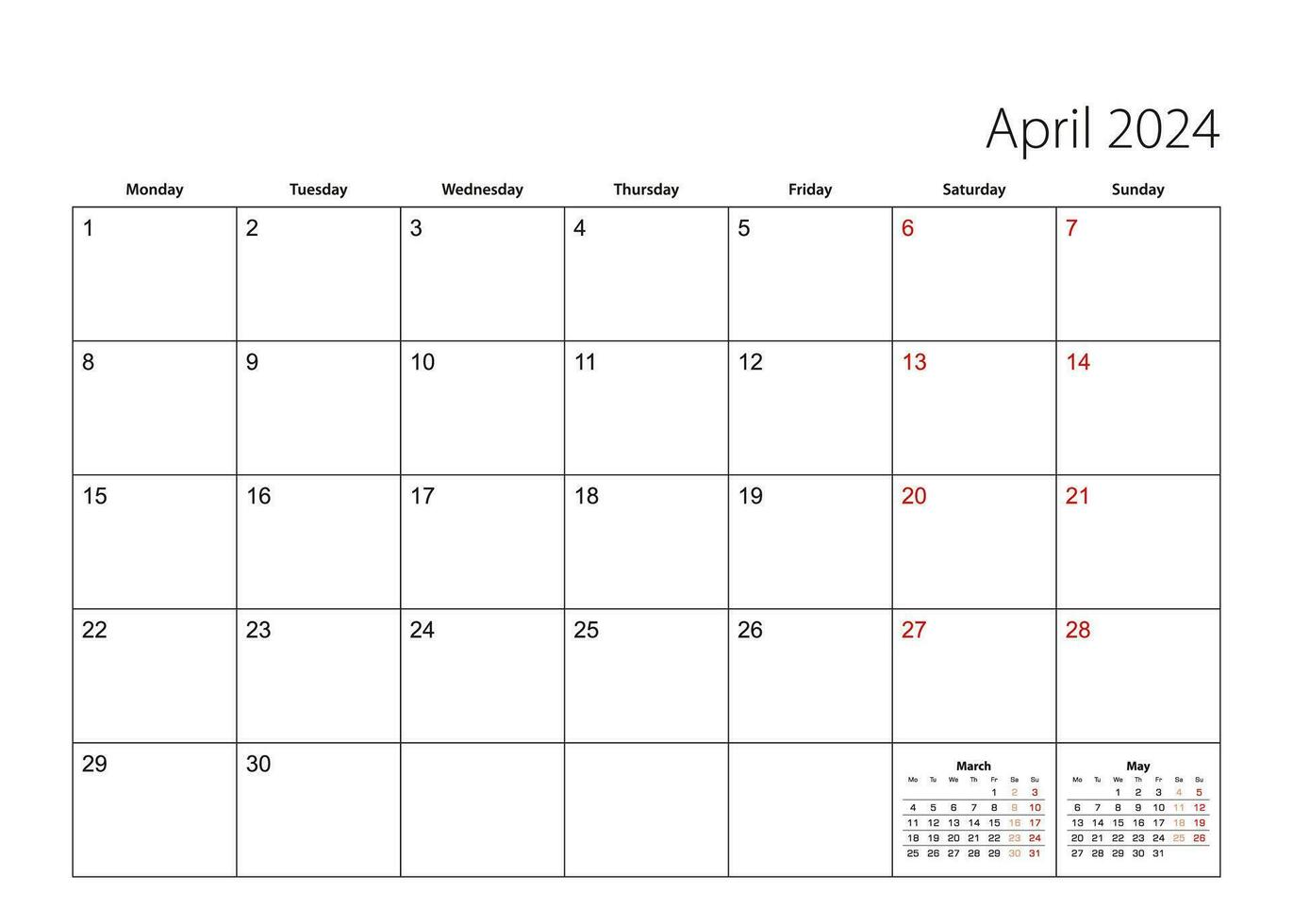 April 2024 simple calendar planner, week starts from Monday. vector