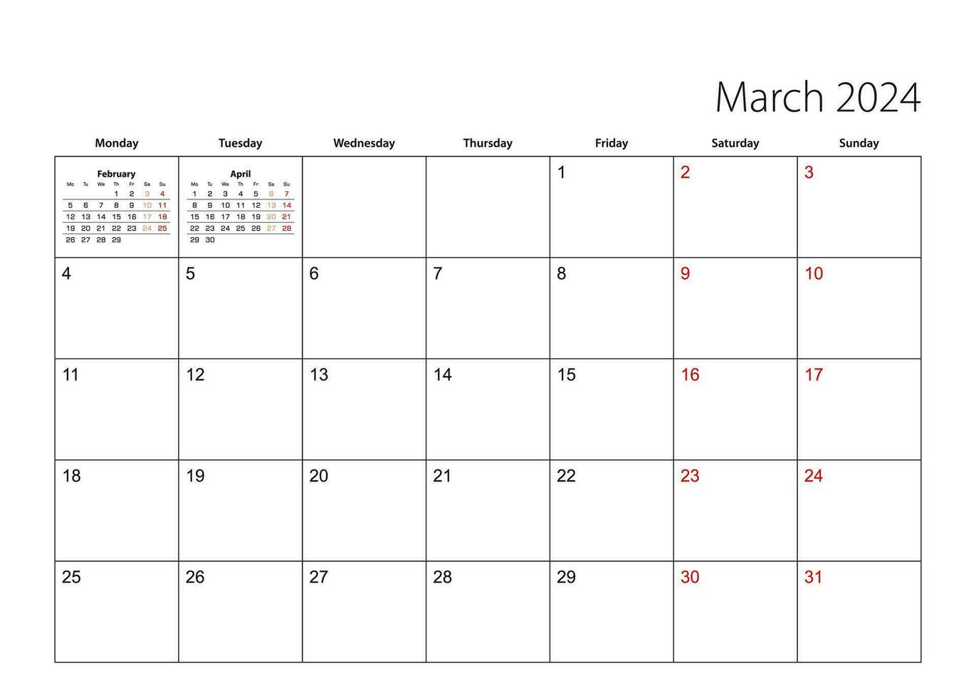 March 2024 simple calendar planner, week starts from Monday. vector
