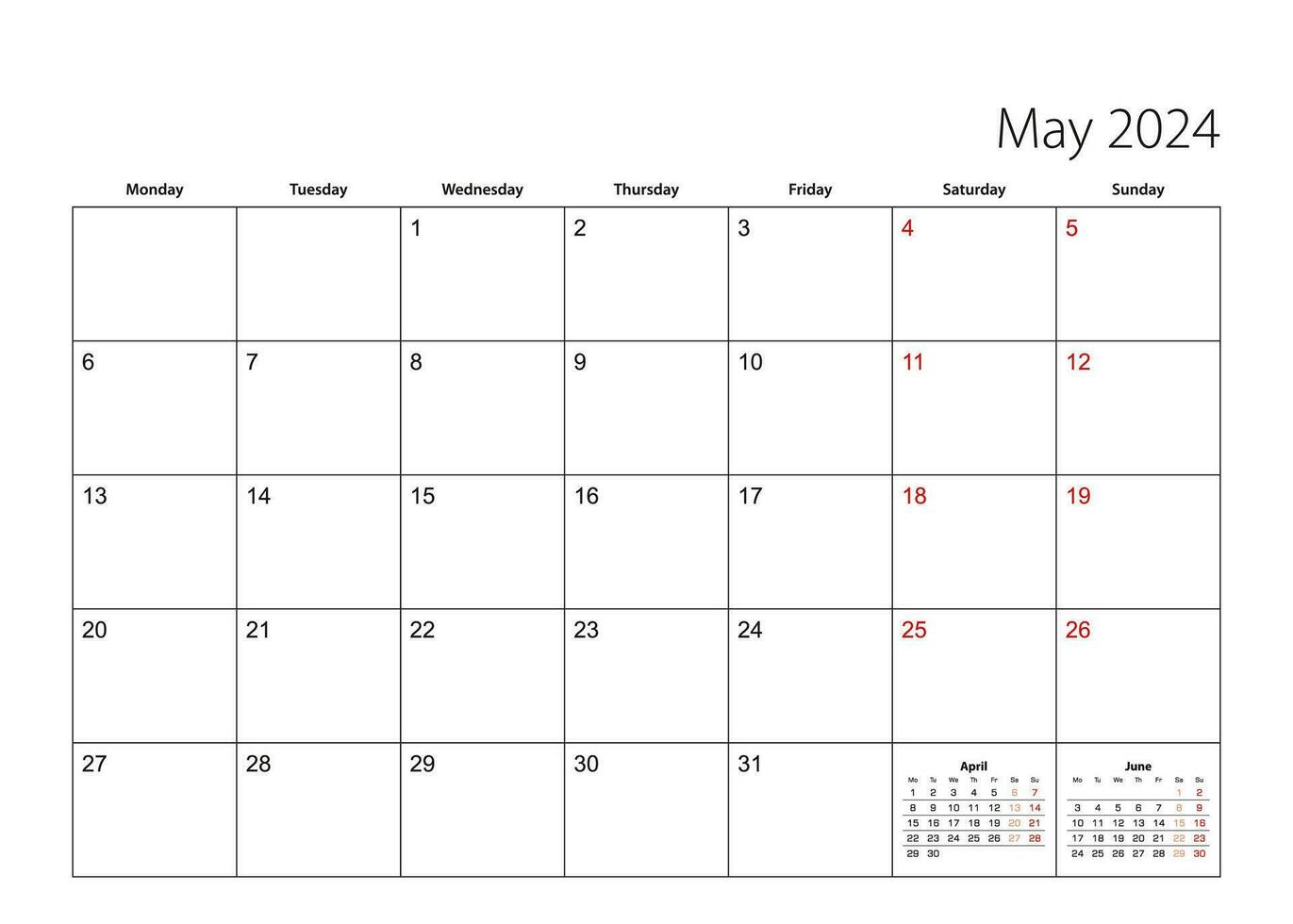May 2024 simple calendar planner, week starts from Monday. vector