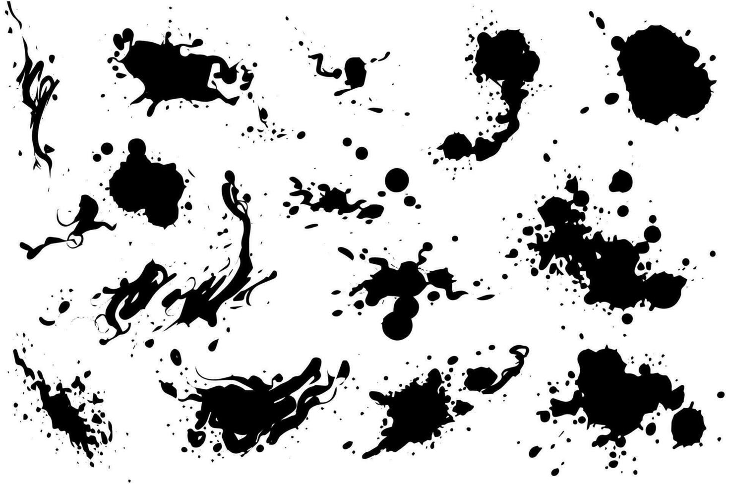 Vector set of ink splashes. Black inked splatter dirt stain splattered spray splash with drops blots isolated.