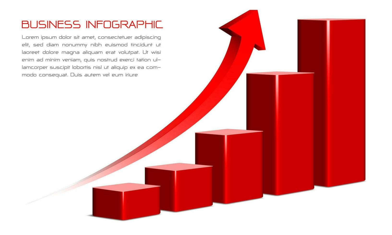 Vector of business red 3d infographic bar chart with arrow curve direction data report presentation on white background