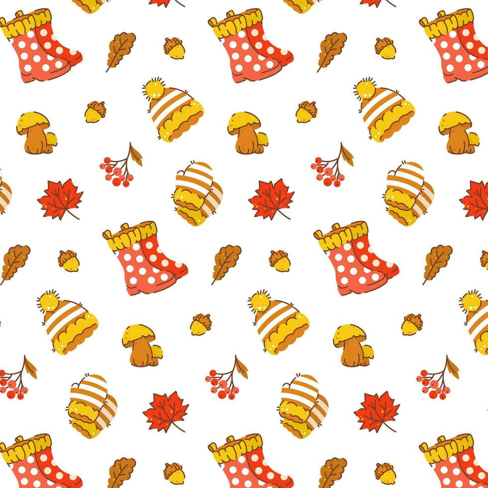 aAutumn seamless cozy pattern in warm colors. Warm clothes, leaves, acorn, mountain ash, rubber boots, mushrooms. vector